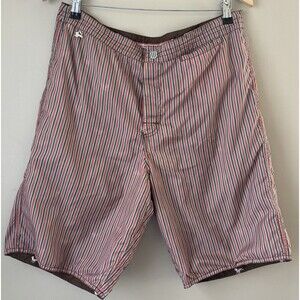 Men’s Reversible Swim Shorts, Size 34, Brown Striped / Pink Bird Print